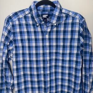 Lands End Shirt Mens M 38-40 Blue Plaid Long Sleeve Pocket Cotton Button Down